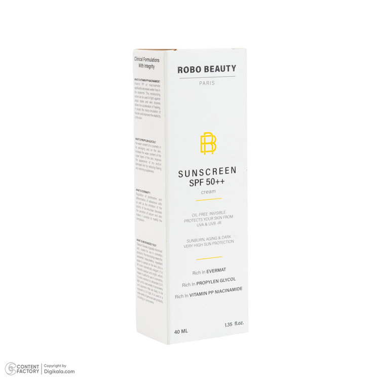 کرم ضد آفتاب بیرنگ صورت روبو بیوتی SPF 50 مدل Niacinamide محافظ UVA،UVB مناسب برای انواع پوست حجم 40 میلی لیتر